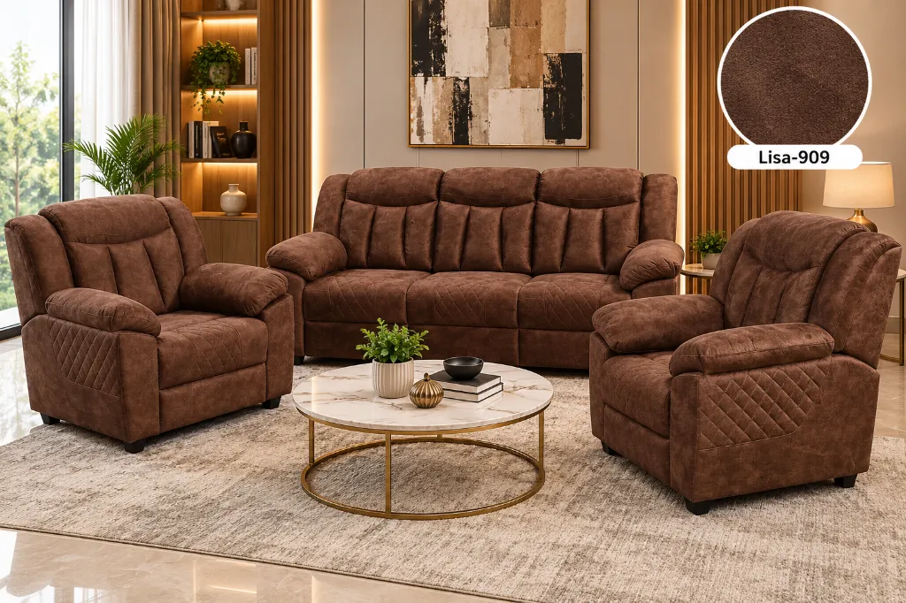 Chocolate Brown Recliner Set in Warm Modern Showroom.webp